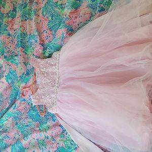 Zip up dress pink lace like top with sequin and embroidery. Organize style skirt